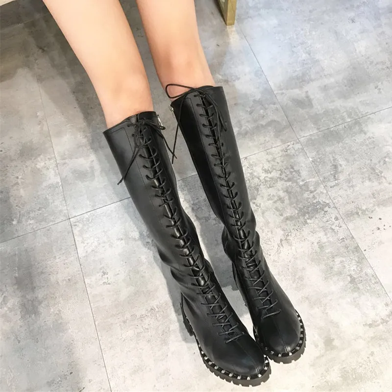 Botas negras hasta la rodilla Punk Rock para mujer zapatos de invierno a la  moda antideslizantes con tacón medio atado a Cruz 2019 mujeres Botas  femenina|Botas hasta la rodilla| - AliExpress