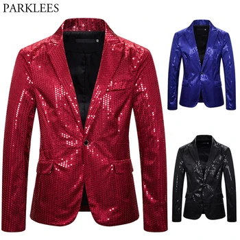 

Shiny Red Sequin Party Blazer Jacket Men Costume Homme One Button Slim Glitter Blazers Mens Stage Prom Singer Dancer Clothing