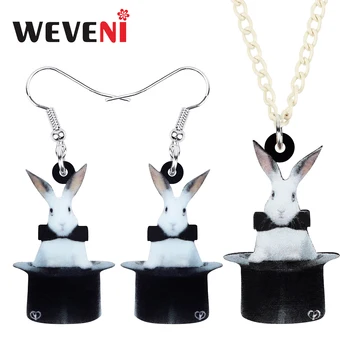 

WEVENI Acrylic Magic Hat White Rabbit Bunny Jewelry Sets Lovely Animal Necklace Earrings For Women Kids Friends Birthday Gift