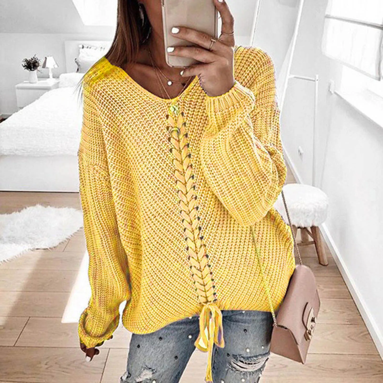 Womens Fashion Solid Long Sleeve Sweater Loose V-neck Knitting Sweater Boho Casual Crochet Oversized Knitted Sweater Coat Women 2