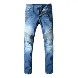 Seveyfan мужские с разрезами классические синие байкерские джинсы для Moto плюс размер в стиле пэчворк, зауженные Стрейчевые джинсовые брюки R2572