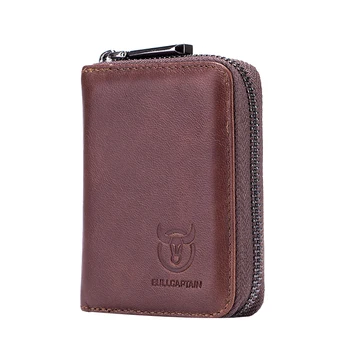 

BULLCAPTAIN Leather Men Wallet Card Pack Zipper Card Case Holder Credit Card Bag Short Coin Purse