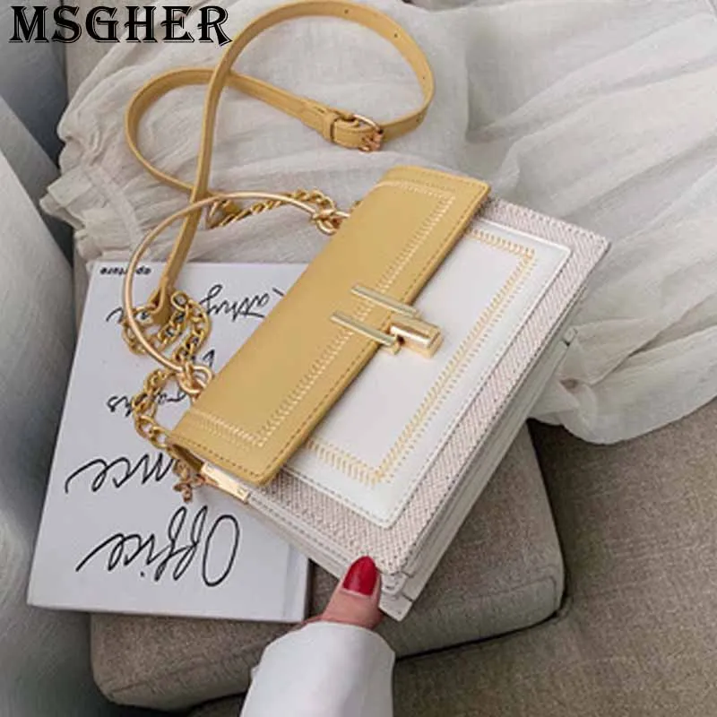 

MSGHER Panelled Patchwork Women Flap Bag Summer Gold Thread Leather Matching Metal Chain Shoulder Crossbody Female Bag WB2712