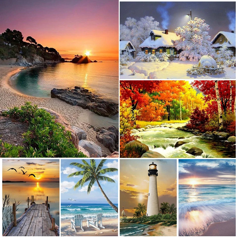5D DIY Diamond Painting Landscape Sunset Cross Stitch Kits Full Drill Square Embroidery Mosaic Art Picture of Rhinestones Gift