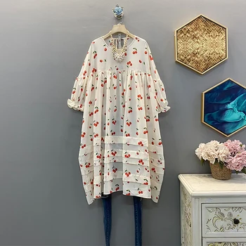 

Large size women's 2020 summer new Korean version of the cherry pattern loose large size lace up long short-sleeved dress