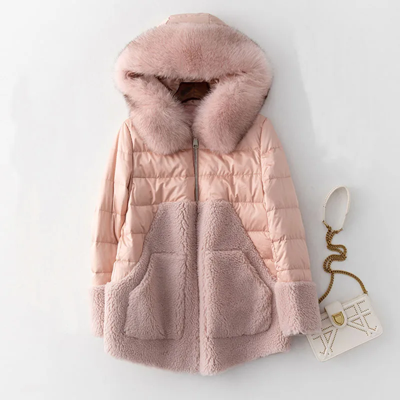 Новая зимняя Женская пуховая куртка натуральным лисьим меховым воротником пуховая куртка стрижки овец кашемир средней длины пальто из овечьей шерсти для детей пуховая куртка