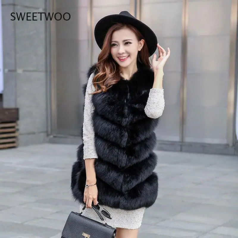 Winter Women Faux Fox Fur Vest Natural Faux Leather Fox Fur Long Vest Real Gilets Women's Full Pelt Waistcoat 2022 dropshipping