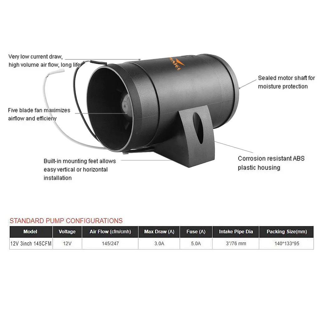 Brand New 3' In-Line Air Blower Boat Bilge Engine Galley Marine Ventilation Fan 12V 145 CFM Quiet Boat 