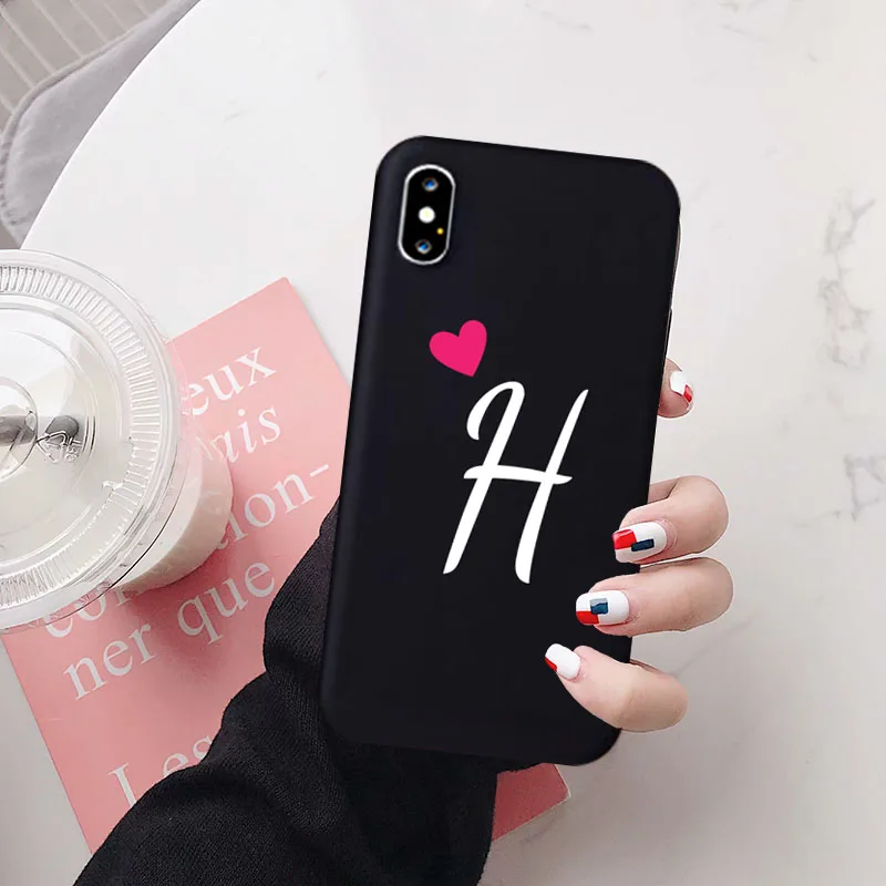 Love Heart Soft Silicone Black Couple Phone Case with Letters A B C D