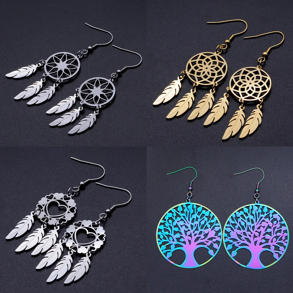 Bohemia Fashion Dream Catcher Drop Earring for Women Wholesale 100% Stainless Steel Boho Feather Lotus Jewelry Dropshipping | Украшения и