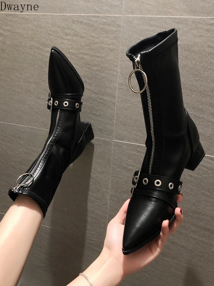 

Net red front zipper Martin boots 2019 autumn new thick with long boots pointed belt buckle high boots women tide