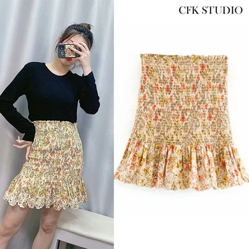

Za Women Miniskirt with High Wasit Floral Print Holiday Loose Cotton Beach Style Yellow Miniskirt