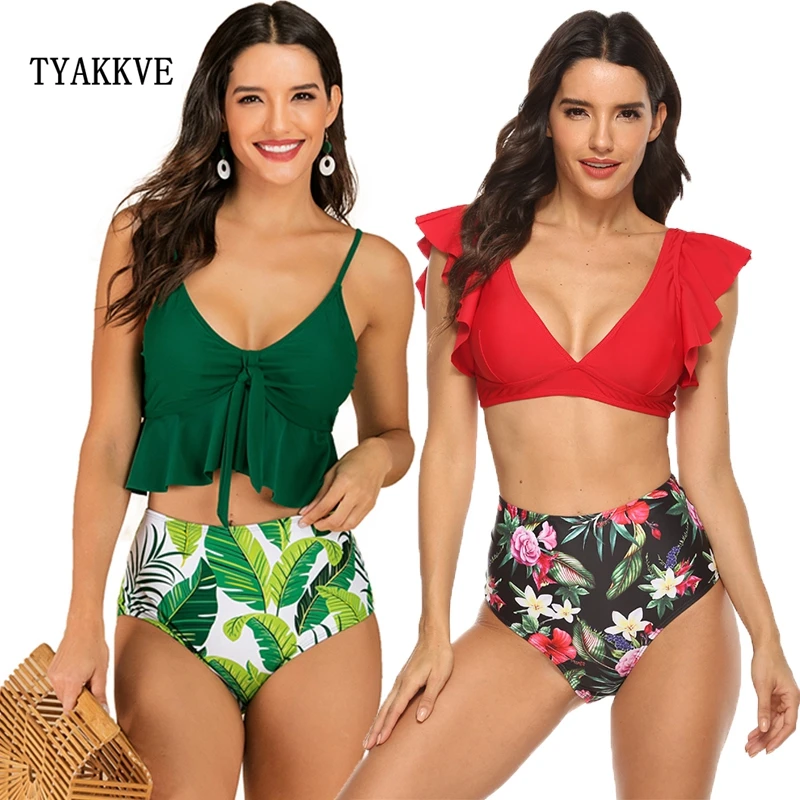 

Plus size Swimsuit 2020 Two Piece Ruched High Waist Swimwear Women Swimsuit Tankini Swimming suit Female Print Bathing suit XXL
