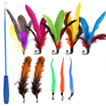 

New 11 PCS Cat Feather Toy With Small Bell Retractable Cat Toys Wand Colorful Feather Play Interactive Fun Toy for Cats