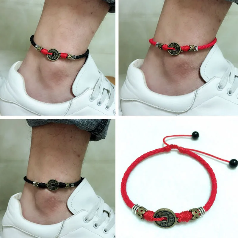 Black Leather Red String Coin Anklet For Men Punk  Color Vintage Retro