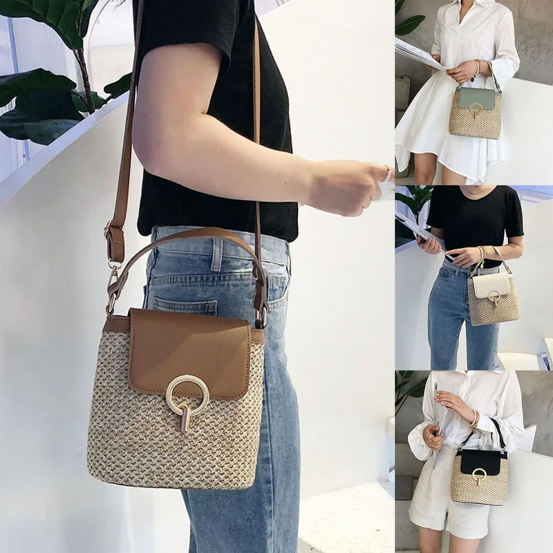 

New Women Straw Retro Shoulder Bag Lady Lock Rattan Woven Square Handbag Knitted Messenger Cross-body Beach Bag 2019