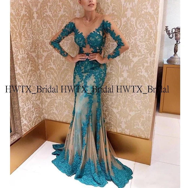 HWTX_Bridal с длинным рукавом Кружевное Вечернее Платье Иллюзия Голубое Кружевное с аппликацией Русалка Длинные Выпускные платья Robe de soiree на заказ