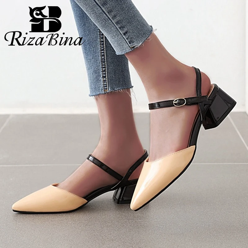 

RIZABINA Plus Size 31-48 Shoes Women Pointed Toe Buckle Mixed Color Women Sandals Soft Low Heel Leather Casual Mujer Zapatos