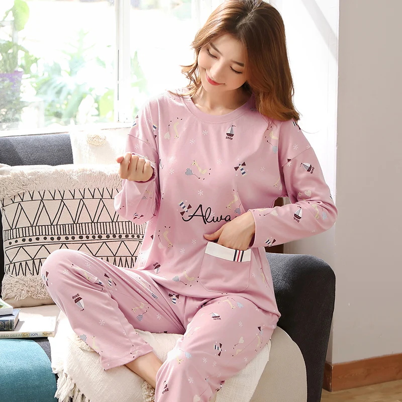 M L XL XXL 3XL 4XL 5XL Женская одежда для сна с длинным рукавом, хлопок, комплекты одежды для сна, осенние пижамы, женские пижамы - Цвет: 5847