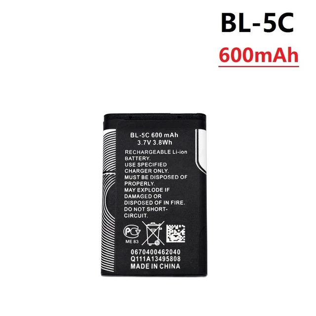 3.7V 600mAh Battery BL-5C BL5C BL 5C Rechargeable Batteries For Nokia 2112  2118 2255 2270 2280 2300 2600 2610 3125 3230 1pcs