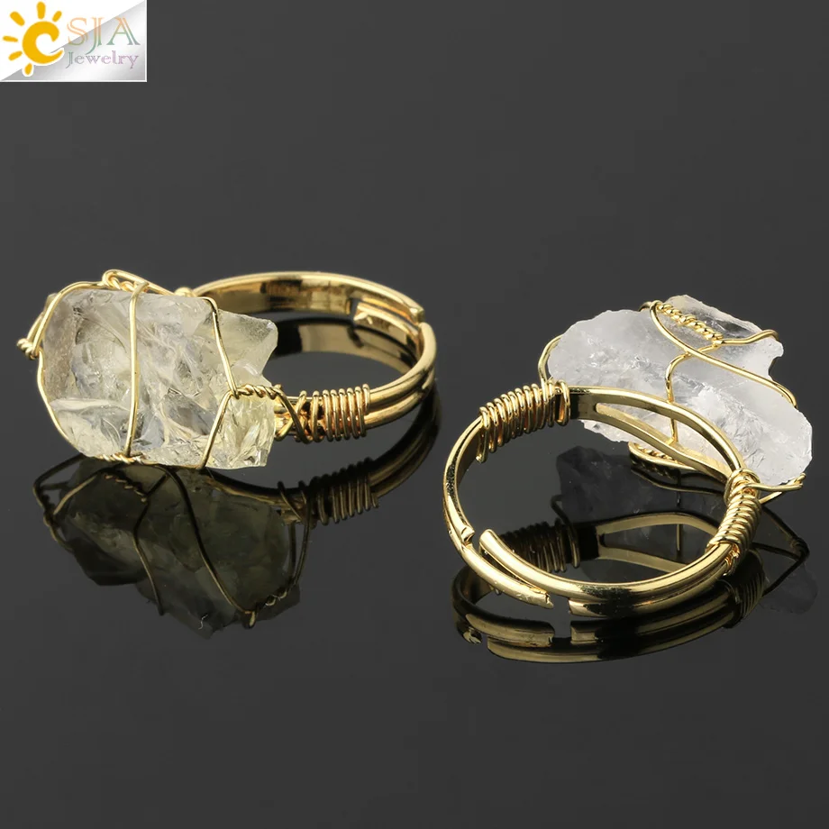 CSJA Natural Stone Crystal Rings Women Irregular Wire Wrap Healing Purple Fluorite Gold-color Resizable Finger Ring Jewelry G339 - Image 3