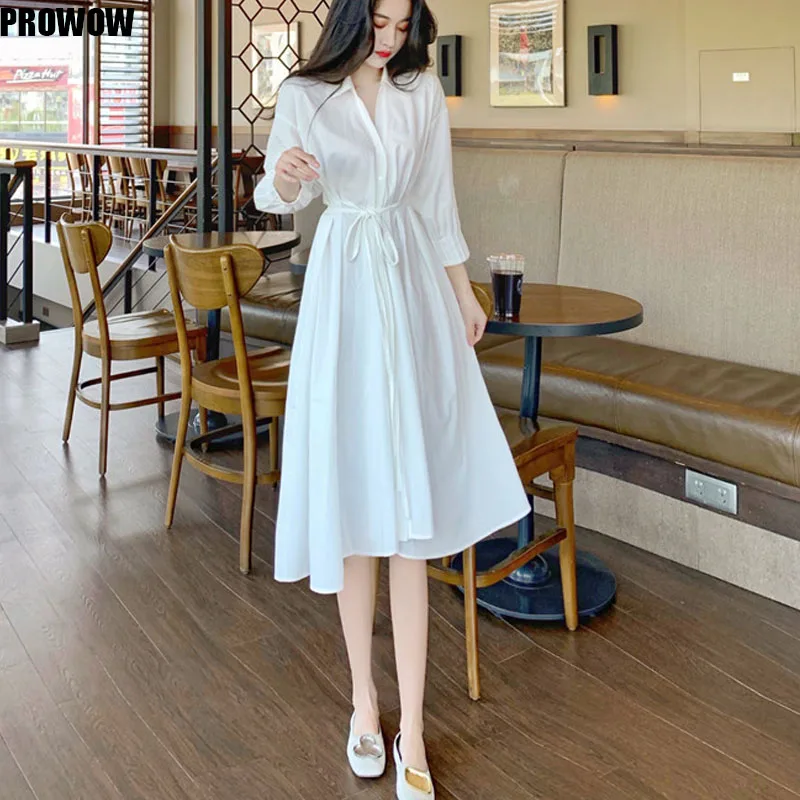 2020 Summer Office Lady Korean Elegant Dresses Retro Puff Sleeve Lace Up Waist Fairy Dress White Shirt Dress