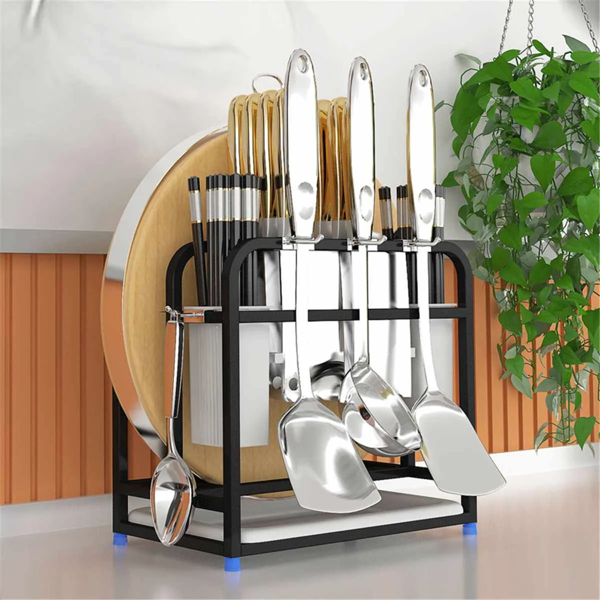 

201 Stainless Steel Kitchen Storage Holder Floor Type Kitchen Shelf Rack Pot Lid Cutting Board Holder Knife Tableware Organizer