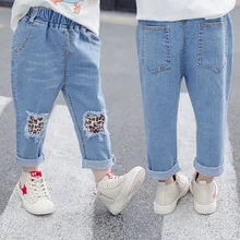 Штаны для девочек весна-осень, стиль, корейский стиль, детские трикотажные ультраэластичные джинсы с леопардовым узором и отверстиями для малышей