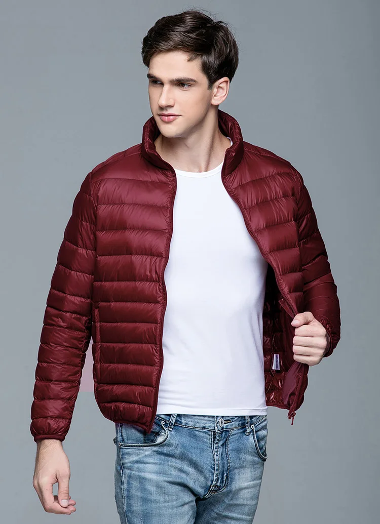 Dark Red Новая Осенняя зимняя мужская куртка на утином пуху, ультра светильник, тонкая, размера плюс, весенние куртки, мужская верхняя одежда со стоячим воротником, пальто - Цвет: Dark Red