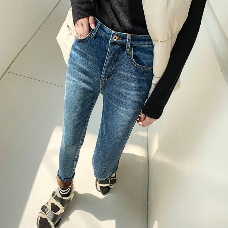 Koop Hoge Taille Warm Jeans Voor Vrouwen Blauw Vrouwelijke grijs Winter Jeans Vrouw Denim Broek Jean Femme 2019 Dames Broek Warm broek