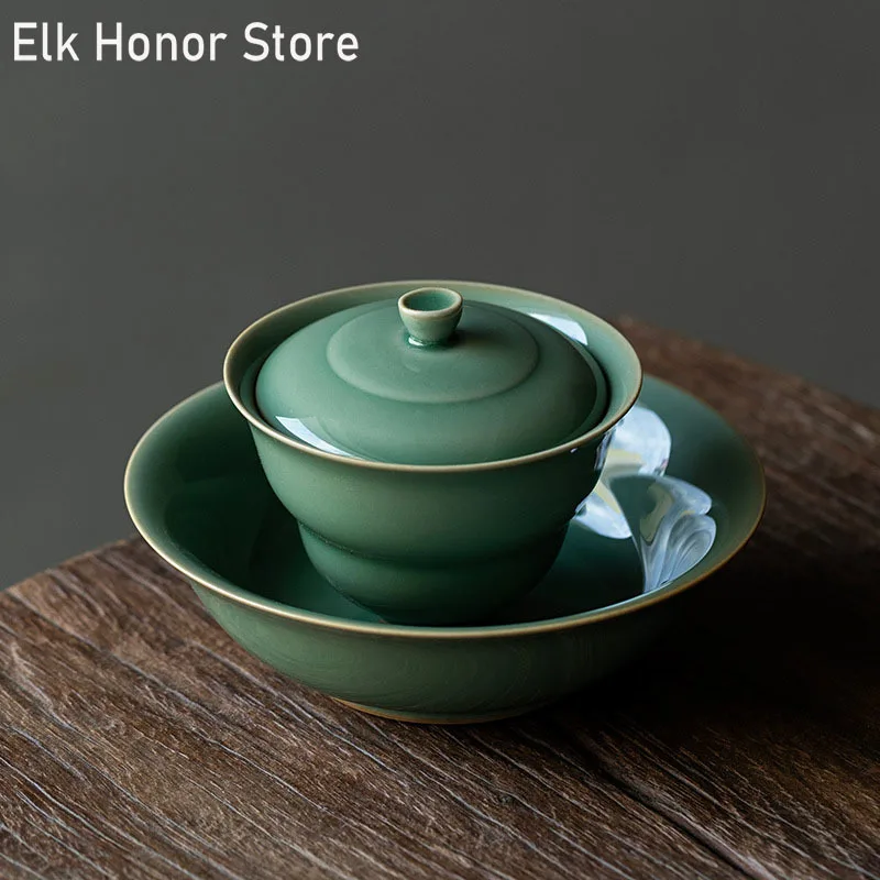 125ml Yue Kiln Celadon Tea Tureen Handmade Gourd Shape Ceramic China Tea Maker Gaiwan Japanese Bowl With Lid Kung Fu Teaware