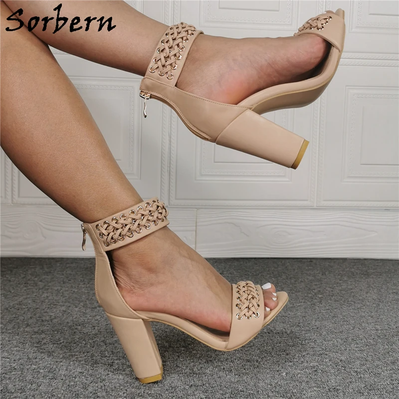 Sorbern Nude Twist Braid Block Heel 