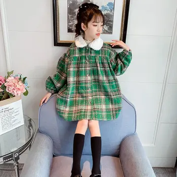 

Winter Coat For Girls Thick Woolen Jacket Korean Style Green Plaid Autumn Kids Outerwear Fashion Teenage Clothes 6 8 10 12Yrs