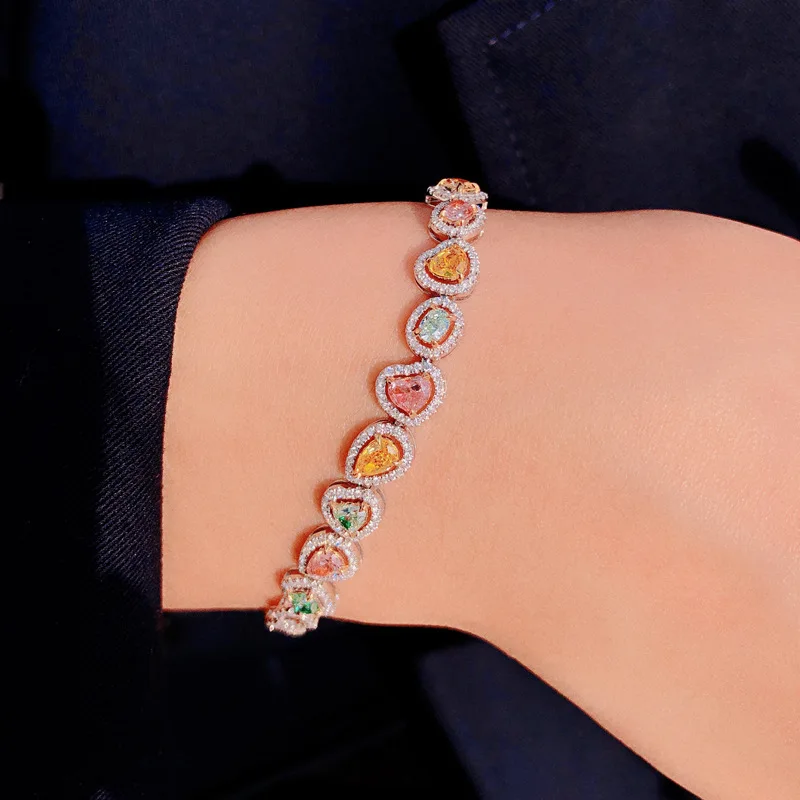 

QTT Cute Rainbow Colorful AAA Zircon Bracelet For Women Dazzling Crystal Silver Color Bracelets Beads Chain Jewelry 2022