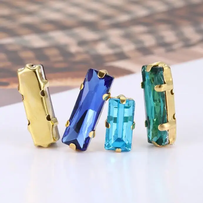 

Free shipping 5x10 5x15 7x21 mm Mixed color Baguette glass Crystal sew on rhinestones with Gold claw diy clothing accessories