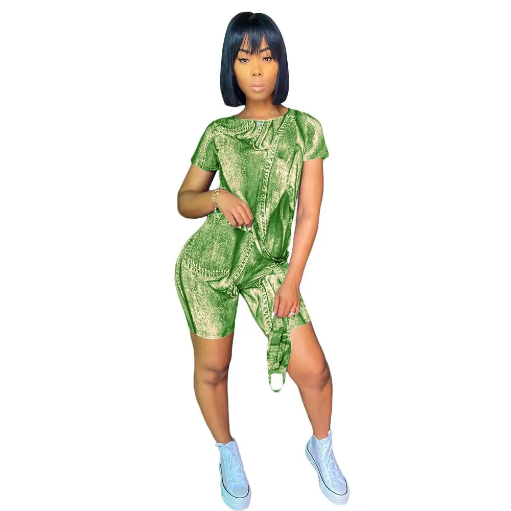 Casual Women Cowboy Jeans Set Print Shirt Crop Top + Pants  Sportsuit Summer Clothes For Women 3 Color