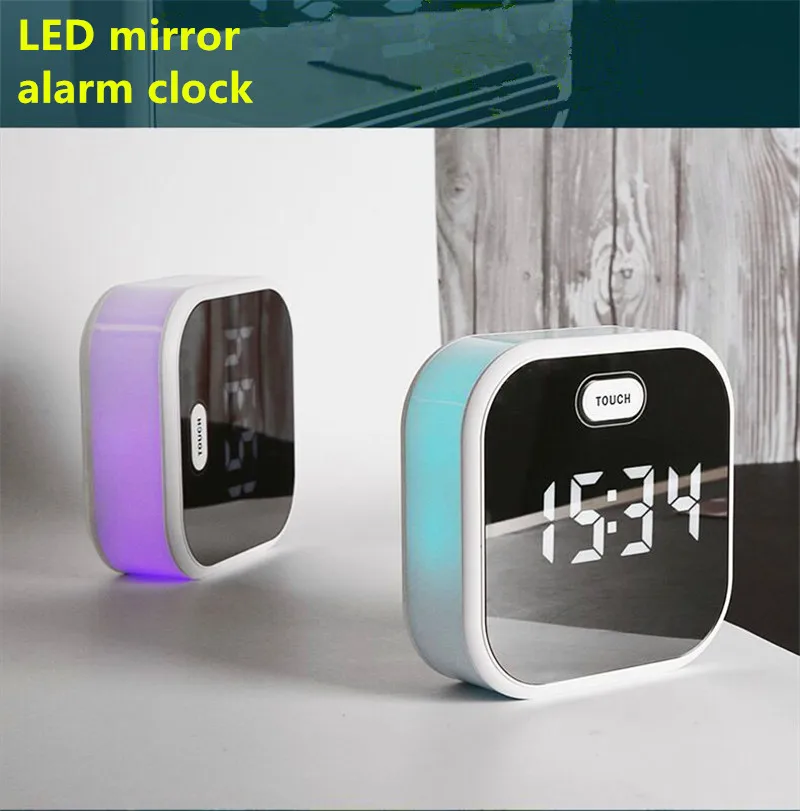 Night Light Alarm Clock, Temperature Led Mirror Clock with Voice Control Memory Function Brightness Dimmer Colorful Bedside Li