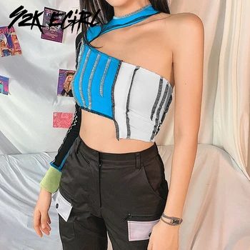 

Y2K EGIRL Punk Patchwork Stitch One Shoulder Cropped Tops Vintage O-neck Holloe Out Long Sleeve Anomalistic Harajuku T-shirts