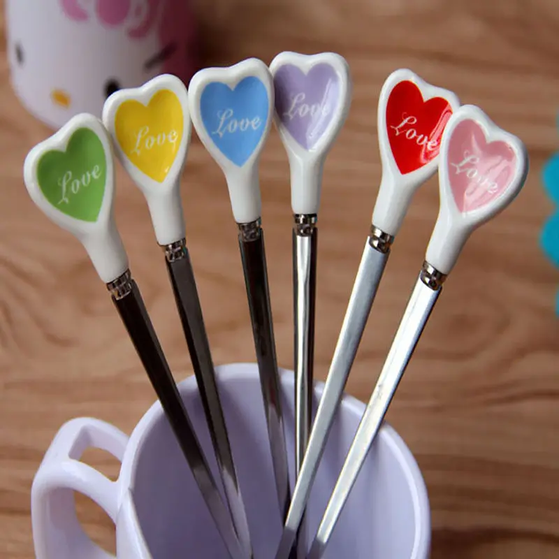 Colorful Love Heart-shaped Ice Cream Spoon Ceramic Handle Stainless Steel Cutlery Creative Stir Coffee Dessert Tea | Дом и сад
