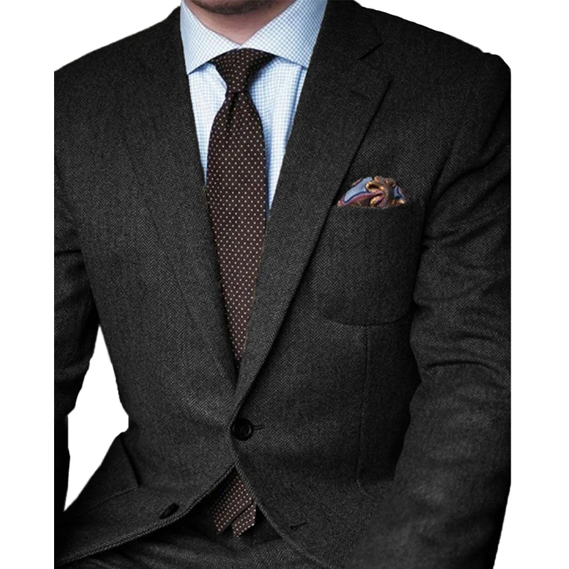 Brown Herringbone Tweed Casual Men Suits for Winter 2 Piece Wedding Groomsmen Tuxedo Suit Jacket with Pants