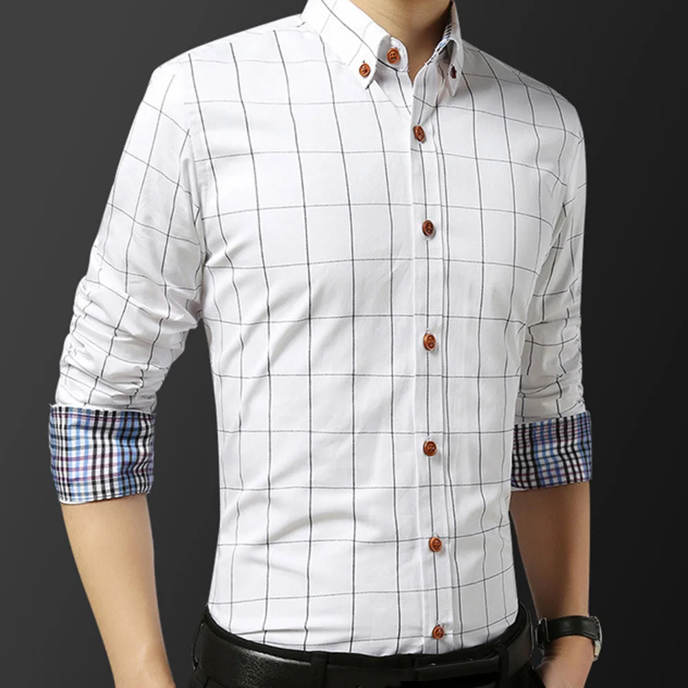 Шикарные мужские рубашки в клетку, с принтом, с отворотом, на пуговицах, с длинным рукавом, деловая рубашка, блузка, топ, мужская одежда