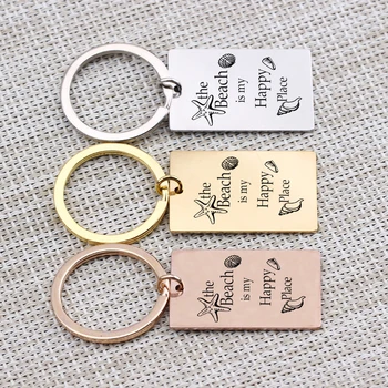 

Summer Beach Key Chain Souvenir Engraved The Beach Is My Happy Place Gift Jewelry Beach Lover Men Women Couple Charm Present