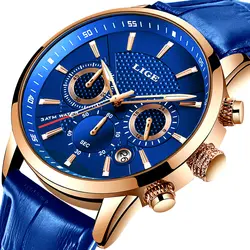 LIGE новые мужские часы лучший бренд синий кожаный Хронограф Водонепроницаемый Спорт Автоматическая Дата кварцевые часы для мужчин s Relogio