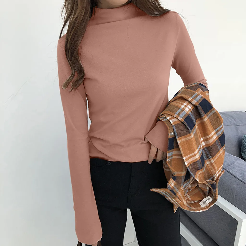 Женская рубашка, платье для девушек, осень и зима, повседневный Однотонный свитер с длинным рукавом и круглым вырезом, Женская толстовка, Camisetas Verano Mujer