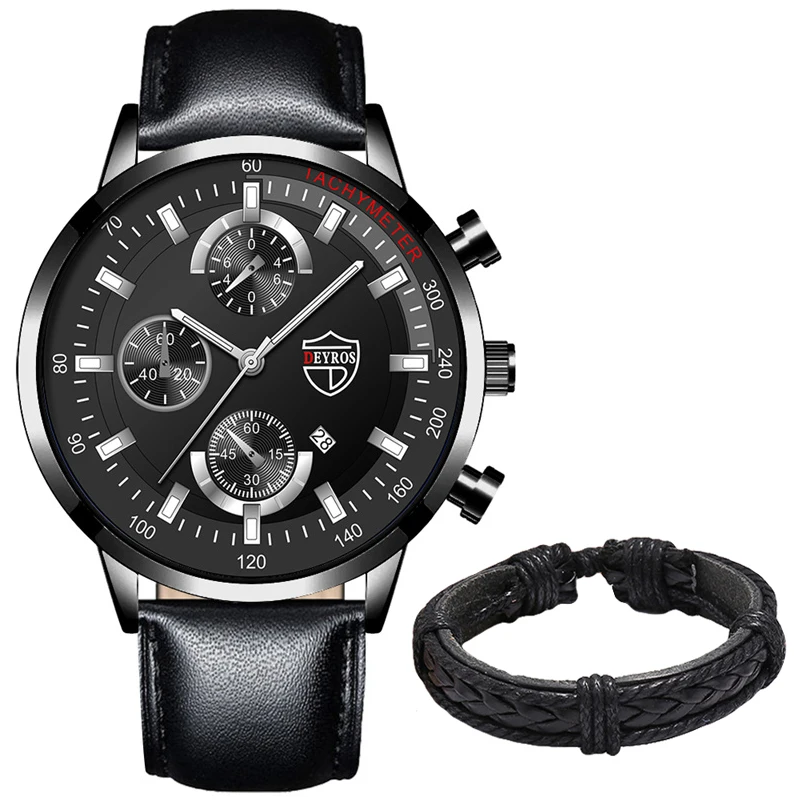 Luxury Mens Leather Watches Stainless Steel Fashion Calendar Quartz Wrist Watch Leather Bracelet Male Business Luminous Clock 