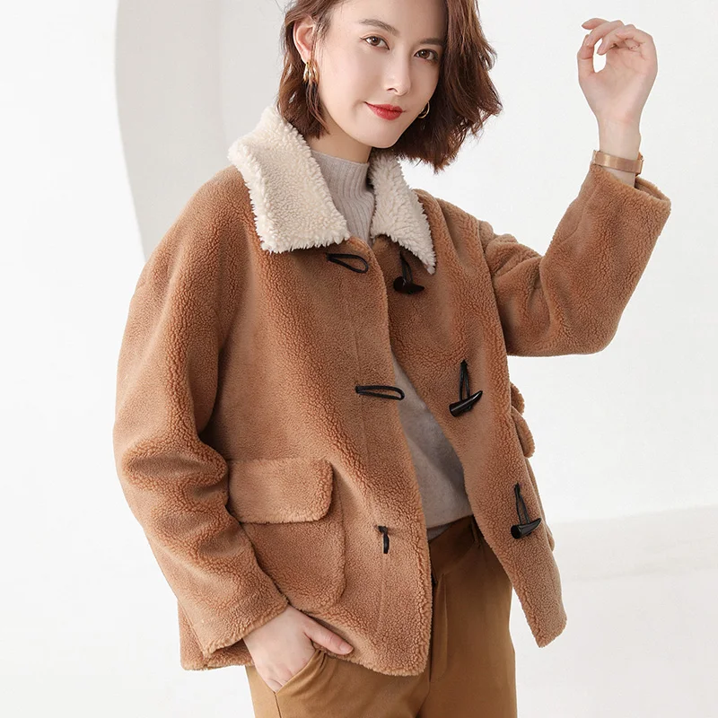 

Wool Blend Teddy Coat Woman Winter Korean Thick Warm Overcoat Faux Fur Sheep Coat Autumn Jackets With Horn Button Plus Size