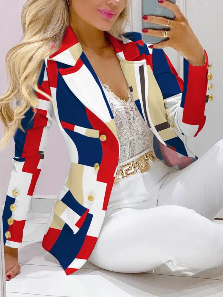 Autumn 2021 new Women Geometric Print long sleeve Buttoned Front Blazer Jacket Office Lady Blazer 1