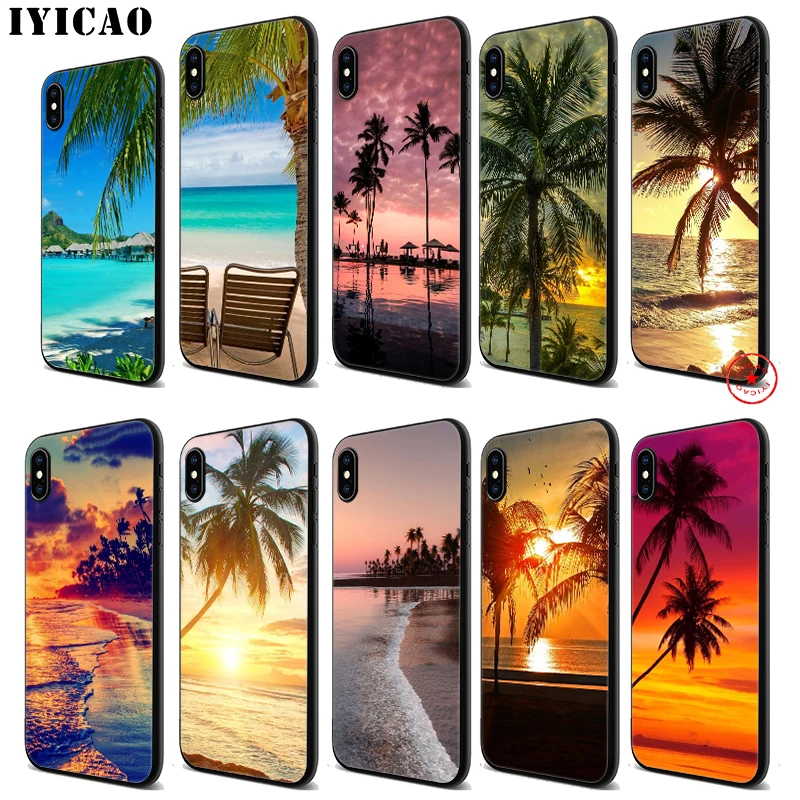 IYICAO Summer Beach Sunset Sea Palm Soft Black Silicone Case for iPhone 11 Pro Xr Xs Max X or 10 8 7 6 6S Plus 5 5S SE |