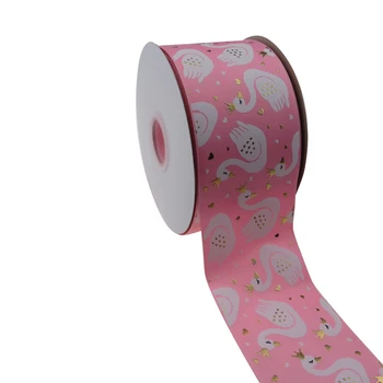 

BOCA 100 yards 3"75mm pink swan printed foil hologram grosgrain ribbon for bows gift packing hand made crafts decoration