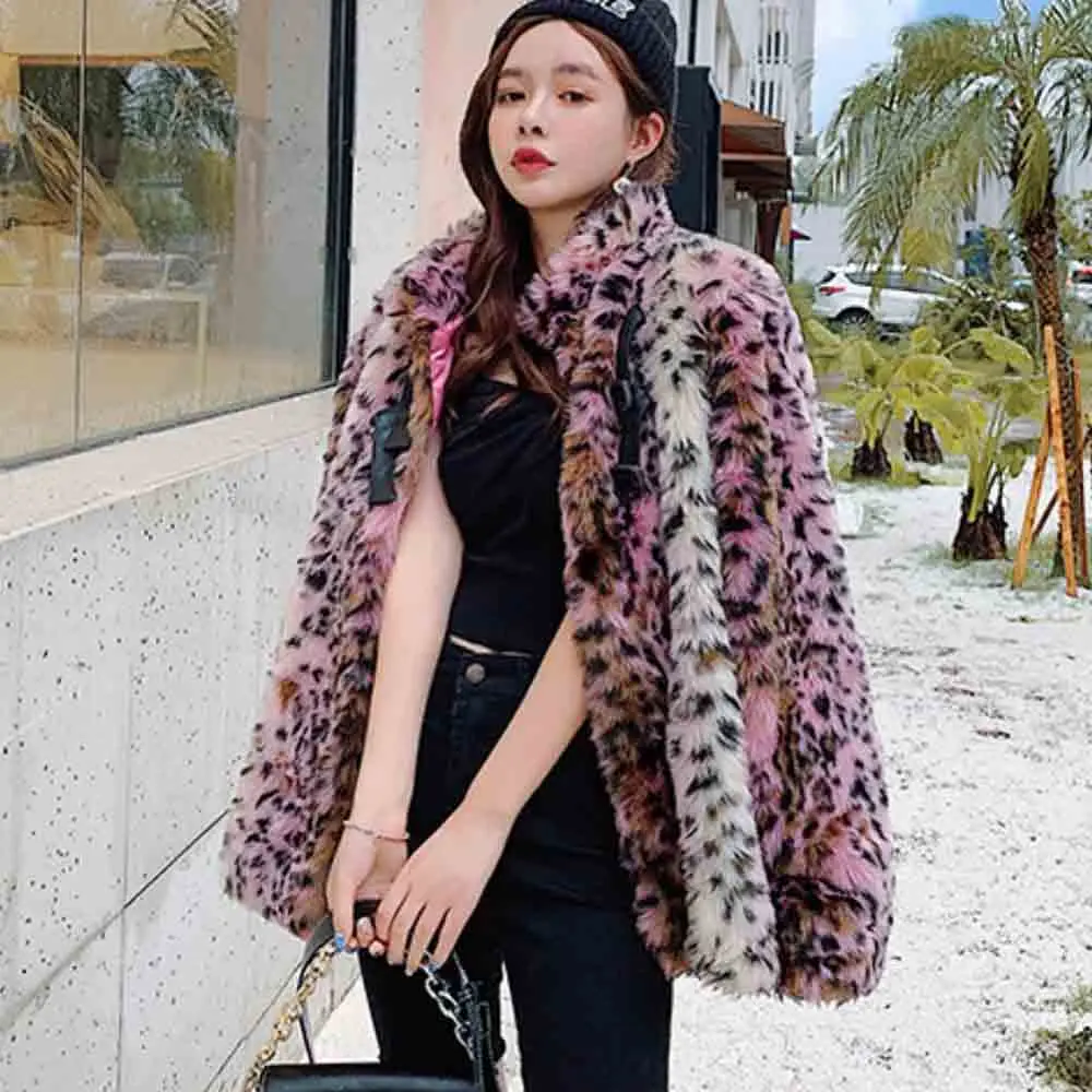TXJRH корейский стиль Леопард мохнатый искусственный мех стоячий воротник пальто Куртка Карманы стильная женская зимняя теплая верхняя одежда топы